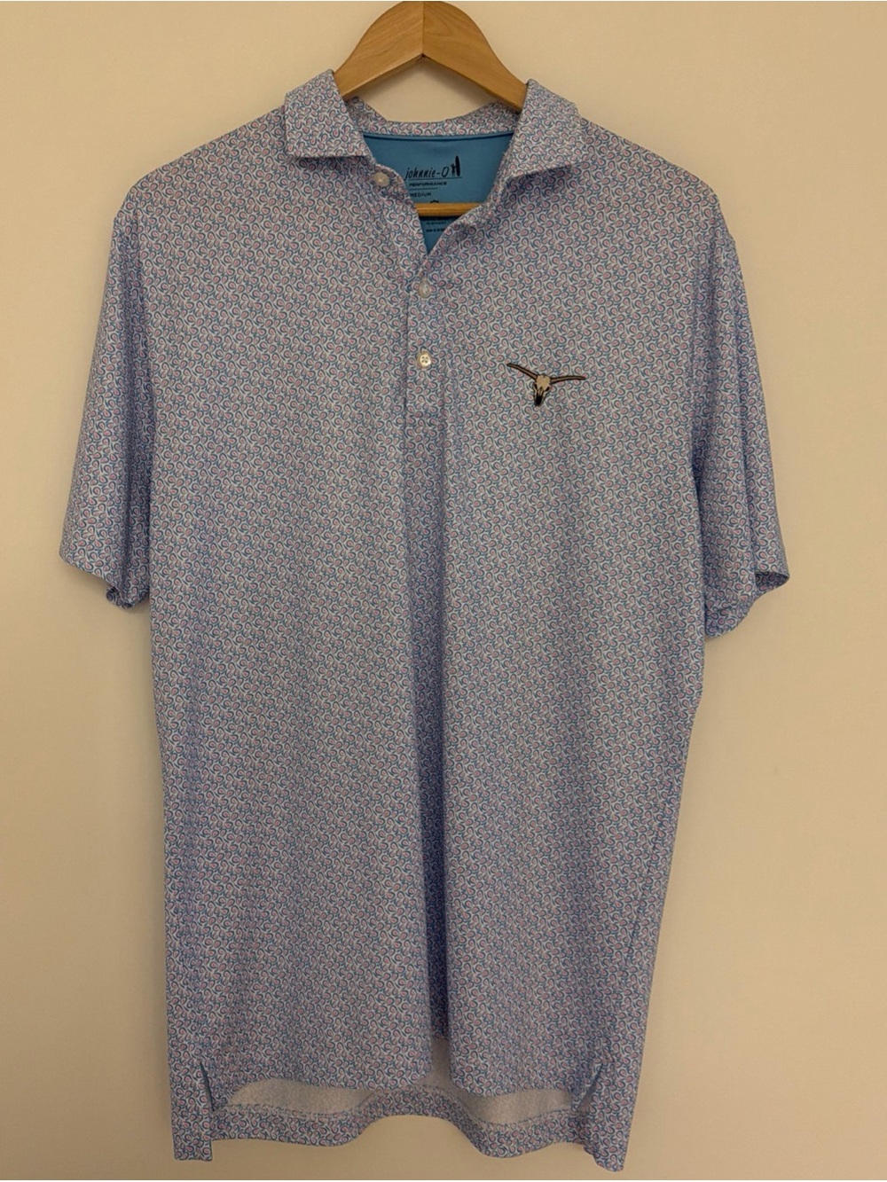 Johnnie-O  Performance Polo Shirt Men M Pink Blue Embroidered Texas Longhorn UPF